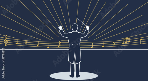 Silhouette Of Conductor Leading Orchestra With Music Notes And Rays