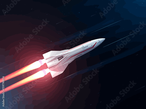 Sleek white spaceship ascends through dark space with fiery exhaust