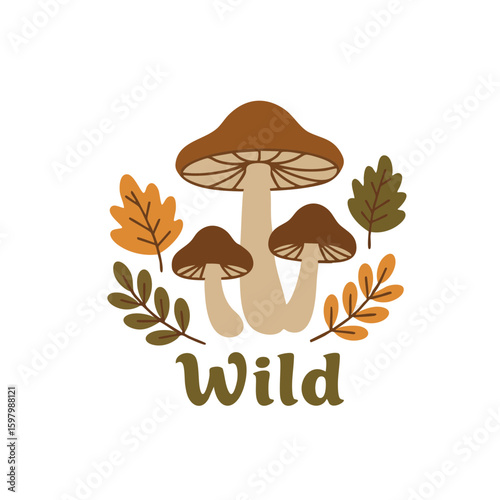 Rustic Mushroom Badge with Leaves and ‘Wild’ Script Flat Icon