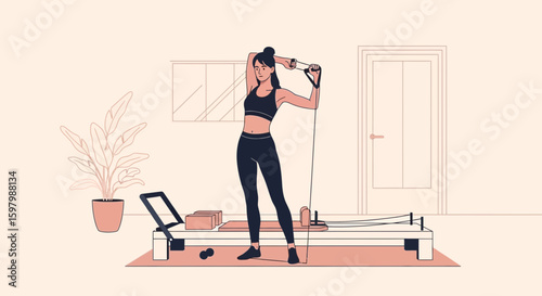 Woman Doing Pilates Using Resistance Band At Fitness Studio With Equipment
