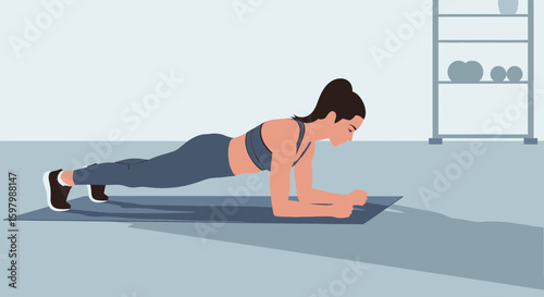 Woman Doing Plank Exercise on Mat for Core Strength and Fitness at Home