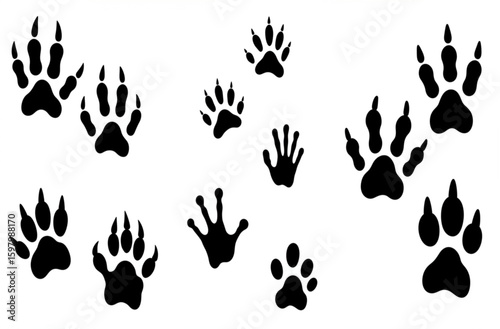 Animals footprints. Animal feet silhouette, frog footprint and pets foots silhouettes prints vector illustration set

