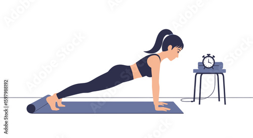 Woman Doing Plank Exercise Using Timer On White Background Concept Fitness