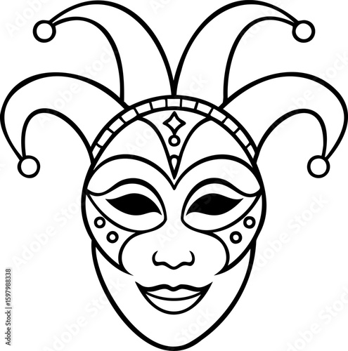 Carnival jester mask with decorative patterns and curved points, expressing mysterious and playful emotion in black line art style