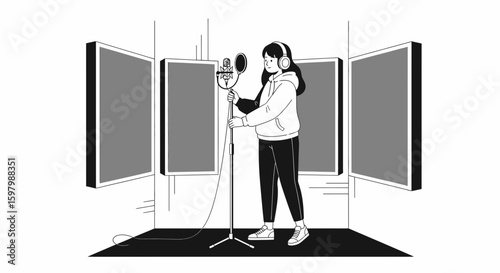 Singer Performs In Audio Studio Recording Song Or Podcast With Microphone