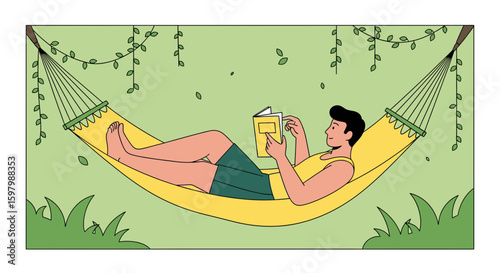 Relaxing In Hammock Reading Book Outdoors During Summer Leisurely Activity
