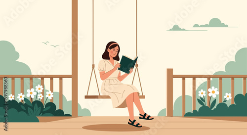 Woman Reading Book On Porch Swing Enjoying Peaceful Solitude Outdoors