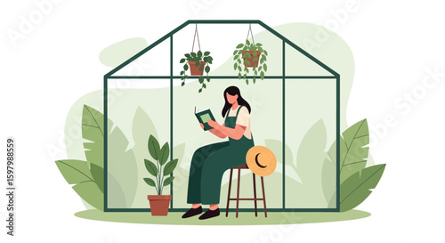 Woman Reading Book Relaxing Inside Greenhouse Enjoying Plants Collection