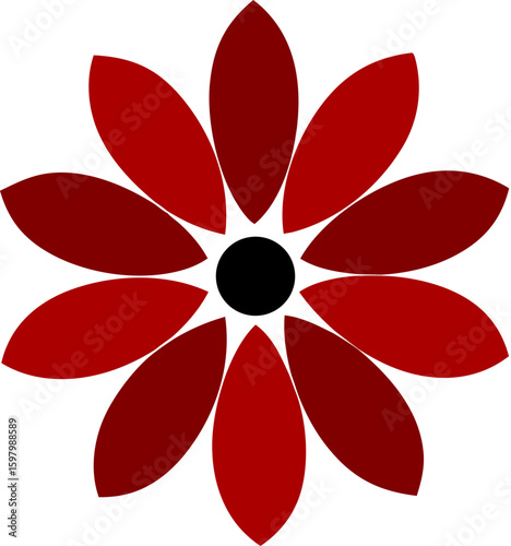Bright red flower with 12 narrow petals and black center, ideal for energetic and youthful designs.