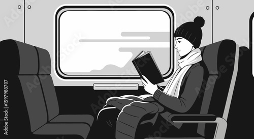 Woman Reading Book While Traveling By Train In Winter Monochrome Style