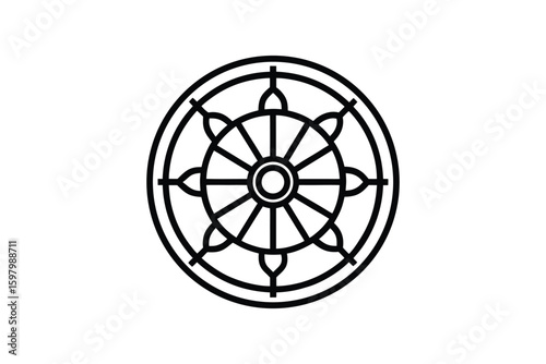 Elegant Dharma Wheel Illustration A Symbol of Buddhist Teachings and Noble Eightfold Path in Detailed Silhouette This image features