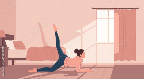 Woman Doing Yoga At Home In The Morning With Natural Sunlight Entering The Room