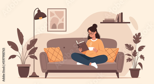Relaxing Moments Woman Enjoying Book And Tea In Cozy Living Room