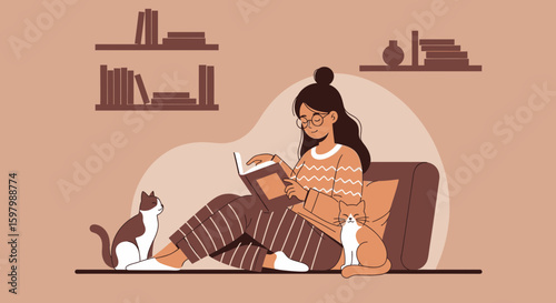 Woman Reading Book With Her Cats In Cozy Room With Bookshelves