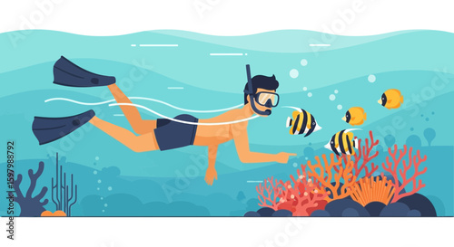 Snorkeler Explores Underwater Life With Coral Reefs And Tropical Fish In Clear Ocean