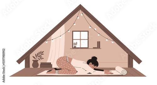Woman Doing Yoga In A Cozy Room With A Triangle-Shaped Roof And String Lights