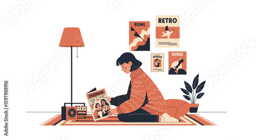 Woman Reading Magazine In Cozy Room With Retro Decorations At Home