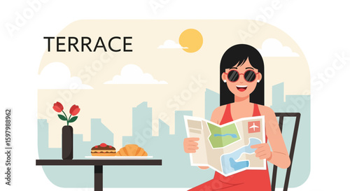 Woman Reading Map On Terrace With View Planning Vacation Trip