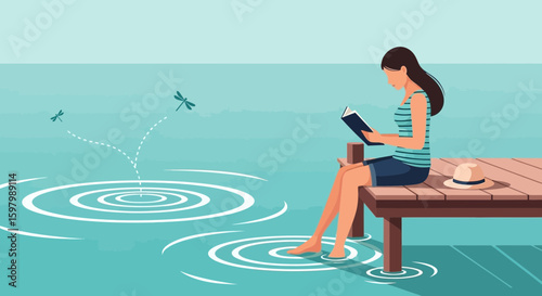 Woman Reading On A Wooden Pier With Ripples And Dragonflies Illustration