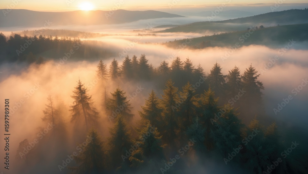 Fototapeta premium Sunrise over a foggy forest landscape with mountains in the background.