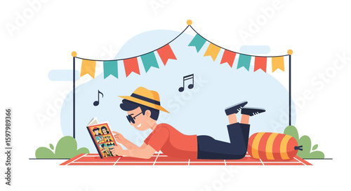 Relaxing Reader In The Park Enjoying A Novel Under Festive Party Flags