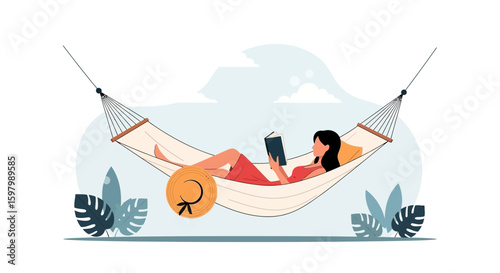 Woman Enjoying A Book In Hammock Amidst Tropical Foliage Under Azure Sky