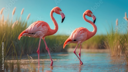 Two pink flamingos standing in water with grass and sky in the background.