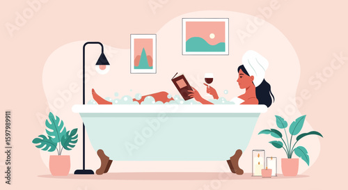Woman Relaxes In Bathtub Reading A Book With A Glass Of Wine