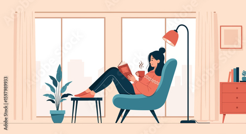 Woman Relaxes At Home With Hot Drink And Book In Comfortable Interior