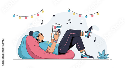 Relaxing Time Woman Reading Magazine On Beanbag In Room With Music Notes