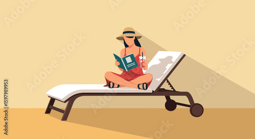Woman Relaxes On Beach Lounger Enjoying Book And Beverage Under The Warm Sun