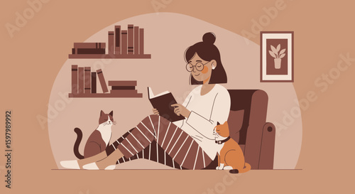 Relaxing Time Young Woman Reading A Book With Her Cats Indoor