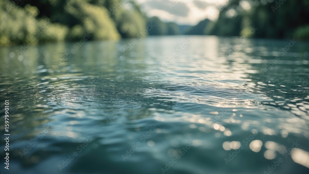 Fototapeta premium A river landscape with trees on both sides and light reflecting on the water surface. Tranquil nature scene. Water and surroundings. Nature and serenity.