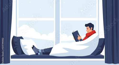 Relaxing Winter Day Young Man Reading A Book By The Window