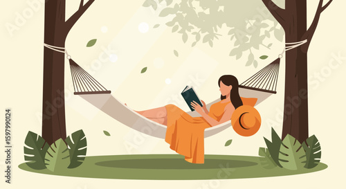 Woman Enjoying Leisure Time Reading A Book In A Hammock Outdoors Scene