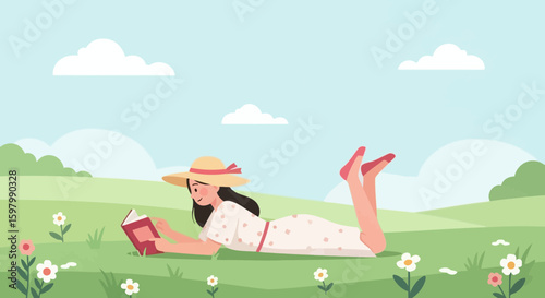 Relaxing With Book: A Woman Enjoying Leisure Time In Nature Scenery