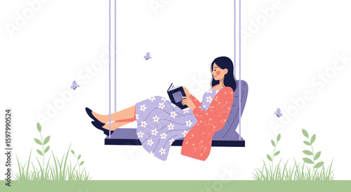 Woman Enjoying Literature on a Swing Surrounded by Nature in Tranquil Scene