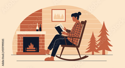 Woman Relaxing In Rocking Chair Reading Book By Fireplace Holiday Getaway