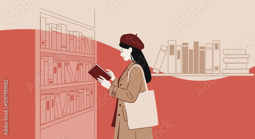 Woman Enjoying Literature Seeks Knowledge In A Minimalist Bookstore Setting