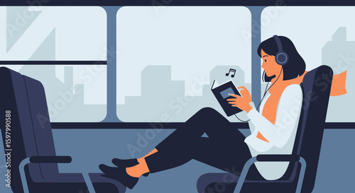 Woman Enjoying Media and Music on Public Transportation During Commute