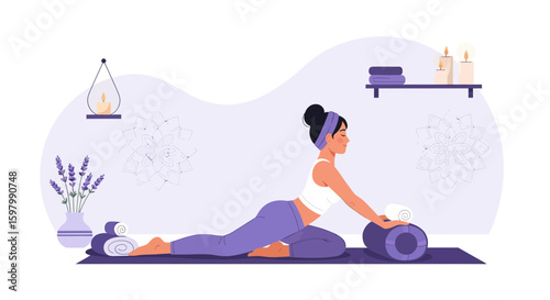 Relaxing Yoga Session Woman Doing Reclining Pigeon Pose For Wellbeing