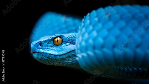 Close up of blue viper snake with yellow eyes reptile venomous wildlife nature animal