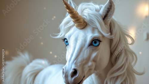White unicorn with a golden horn and blue eyes, fluffy mane, close-up portrait. Fantasy creature, mythical animal, magical being. The concept of fantasy and mythical animals