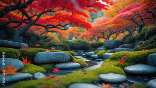 Autumn landscape with vibrant red and orange leaves, moss-covered rocks, and a tranquil stream in a Japanese garden setting during fall.