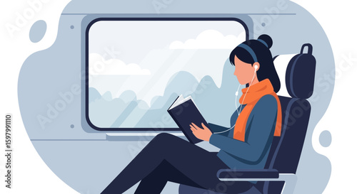 Woman Enjoying Reading And Listening To Music While Traveling By Train