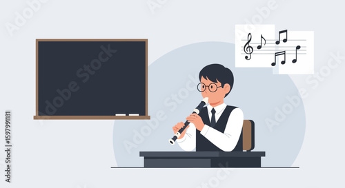 Student Practicing Recorder Lesson In Music Class With Chalkboard And Notes