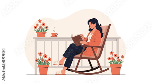 Woman Relaxing With A Book In A Rocking Chair On Her Balcony