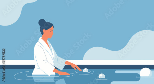 Woman Enjoying Relaxing Spa Treatment In Water Wearing White Bathrobe