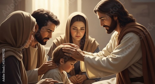 Jesus blesses a child surrounded by his family in a scene of love and hope