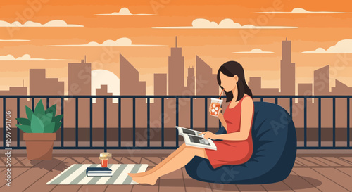 Woman Enjoying Rooftop Relaxation With Book And Drink In City Sunset